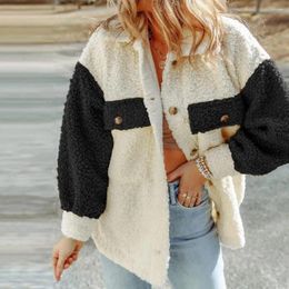 Women's Jackets Autumn Winter Women Lapel Jacket Coat Pockets Long Sleeve Single Breasted Colour Block Furry Outwear Streetwear