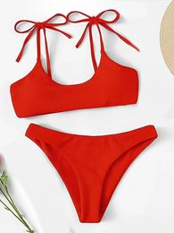 Women's Swimwear 2024 Brazilian Red Bikini Solid Strappy Swimsuit Women Padded Female Thong Bathers Bathing Swimming Swim Suit Beachwear