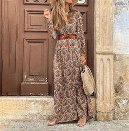 Women Autumn Boho Floral Print Maxi Shirt Dress Sexy Eleagnt Long Sleeve V Neck Belt Split Beach Long Dress Robe For Holiday Red L7065326