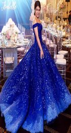 Luxury Dubai Rhinestone Evening Dress Beads Crystal Applique Off Shoulder Evening Gown Gorgeous Ocean Blue Lace Ball Gown Engageme4150705