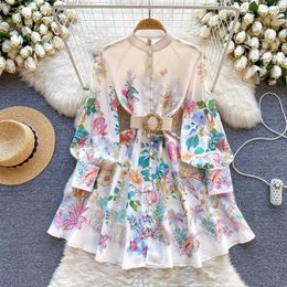 Basic Casual Dresses Two Piece Dress 2024 Holiday Gorgeous Flower Party Dress Womens Long sleeved Single Breast Printed Linen Mini Vista 6253L2405