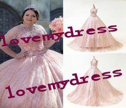 Rose Pink 2021 Quinceanera Dresses For Sweet 16 Girls High Neck Beading Cold Shoulder Crystal Bling Tulle Corset Back Ball Gowns P7750681