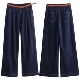 Women's Jeans Maxdutti Minimalist Fashionable Lyocell High-Quality Navy Blue Loose Wide Leg With Belt Women