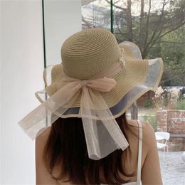 Wide Brim Hats Spring And Summer Pearl Mesh Anti UV Bow Straw Hat Korean Sun Protection Sunshade Children