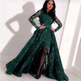 Green Long Sleeves Muslim Evening Dresses Lace Sequin Slit Dubai Kaftan Saudi Arabic Elegant Formal Dress Evening Gown 301S