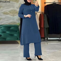 Ethnic Clothing Arab Women Blouse Muslim Fashion Matching Sets Women's Elegant Tracksuit Casual Solid Shirt Wide Leg Pants Suit Modest
