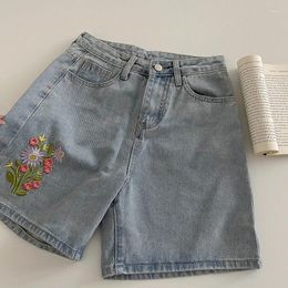 Women's Shorts Women Denim Blue Chic Embroidery Flower Print Wide Leg Short Jeans Female Summer Casual Versatile Outfit Trousers