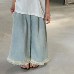 Trousers Flared Pants Kids Girls Wide Leg Korean Summer Thin Soft Jeans Tide 2024 Fashion Solid Loose Pleated Bule