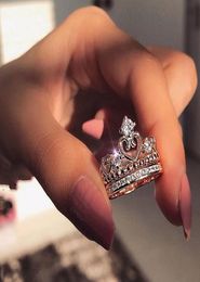 Classic Crown Ring Vintage Jewelry Real 925 Sterling Silver Round Cut White Topaz CZ Diamond Gemstones Eternity Women Wedding Hear7849480