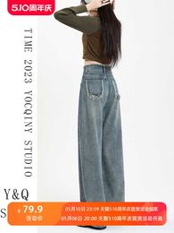 Rugged wide leg denim jeans for womens American Spring and Autumn new high waisted loose design sweet cool style with a straight drooping feel