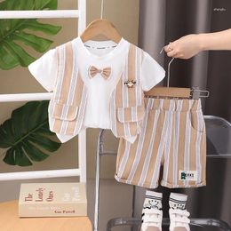 Clothing Sets Summer Toddler Boy Outfits 2024 Fashion Vertical Striped Bow Tie Short Sleeve T-Shirts And Shorts Kids Boys Infant Clothes Set