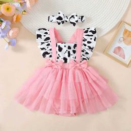 Girl's Dresses Baby girl summer jumpsuit dress with flying sleeves denim printed chiffon patchwork jumpsuit with headbandL2405