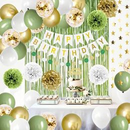 Party Decoration 45pcs Green Birthday Olive And Gold Balloon Neutral White Happy Banner