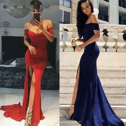 2021 Arabic Elegant Mermaid Evening Dresses Long Women Off Shoulder Sleeveless Dark Blue Prom Dress With Side Split Ball Gowns M124 0509