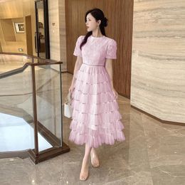 Party Dresses High Quality Luxury White Mesh Cake Dress Women Elegant 2024 Summer Floral Embroidery Midi Sweet Pink