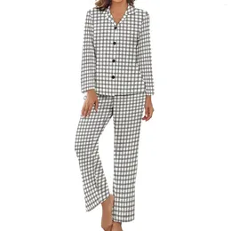 Home Clothing Plaid Check Print Pajamas Black Lines Casual V Neck Suit Women 2 Piece Graphic Long Sleeve Kawaii Set