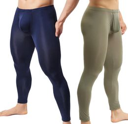 Men039s Sleepwear Sexy Long Johns Ice Silk Ultrathin Penis Pouch Leggings Underwear Men Home Sheer Lounge Pants Gay1066271