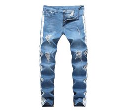 Mens Designer Jeans Ripped Distressed Long Light Blue Striped Jean Pants Fashion Trousers2212492