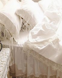 Top Romantic bedding set elegant European wide white satin duvet cover Crochet Lace bedspread cotton wedding bedding bedskirt T2007870219