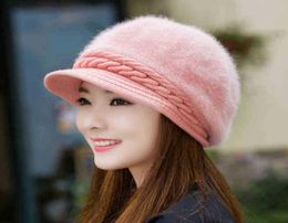 2017 Winter Rabbit Fur Knitted Beret Hat For Women Solid Slouchy Warm Ear Beanie Hat 6pcslot6834019