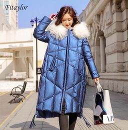 Fitaylor Winter Jacket Women 90 White Duck Down Coats Large Real Fur Collar Loose Parkas Outerwear Glossy Waterproof Jackets SH199993504