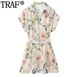 Basic Casual Dresses Two Piece Dress TRAF 2024 Printed Shirt Dress Short sleeved Flower Mini Dress Womens Belt Womens Summer Button Casual DressL2405