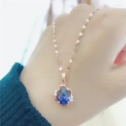 Chains Women's Jewellery Inlaid Sapphire Oval Crystal Woman Exquisite Elegant Charm Plated 14K Rose Gold Pendant