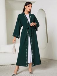 Ethnic Clothing Ramadan Islamic Dark Green Vintage Nailed Beads Long Style Waistband Free Muslim Luxury Fashion Women's Arabic Dress