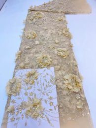 Latest African Net Lace Fabric 3D Flower Material Embroidery Tulle French Mesh Lace Fabric With Sequins For WeddingLatest 240508