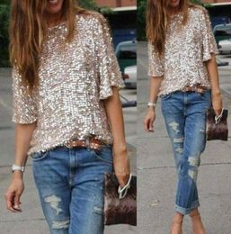 Women039s TShirt Women Ladies Sequin Short Sleeve Fashion Casual Sparkly Tops Glitter Evening Party ShirtWomen039s3617457
