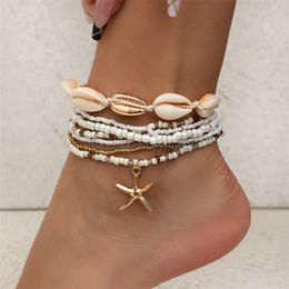7PCS/Set Bohemian Starfish Pendant Anklet Set for Women With Shell Beads Ankle Bracelet Set On Leg Beach Summer Jewellery