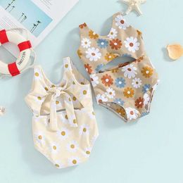 Two-Pieces Baby girl swimsuit summer floral print knot sleeveless Monokini swimsuit toddler swimsuit beach suit H240508