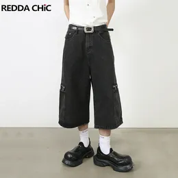 Men's Jeans REDDACHIC Big Pockets Baggy Jorts For Men Retro Black Wash Wide Leg Cargo Pants Summer Denim Shorts Korean Y2k Streetwear