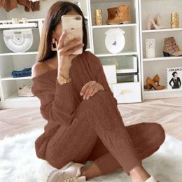 Women's Pants Oversize Dropped Shoulder Knit Set Long Sleeve Knitted Casual Two-piece Sweater Top Thick Sweaters