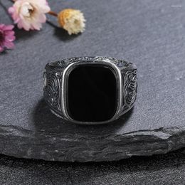 Cluster Rings 925 Sterling Silver Jewellery Ring Natural 12 14mm Big Black Agate Stone Vintage For Women Party Gifts