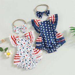 Rompers CitgeeSummer Independence Day Infant Baby Girl Outfits Ruffle Sleeve Backless Stars And Stripes Print Bodysuit Headband Set