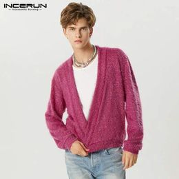 Men's Sweaters American Style Fashion Mens Plush Fabric Deep V-neck Pullovers Party Show Solid Long Sleeved Sweater S-5XL INCERUN Tops 2024