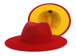 QBHAT Red Yellow Patchwork Wool Felt Panama Fedora Wide Brim Hat Flat Brim Top Jazz Cap for Ladies Women Men Casual Church Hat5200197