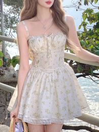 Casual Dresses Korean Fashion Summer Strap Mini Dress Women Sweet Pure Desire Elegant Female Floral Fairy