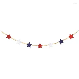 Decorative Flowers Patriotic Star Garland 4.1ft Stars Banner With Wooden Beads 4th Of July Hang For Independence Day Decor Red White Blue