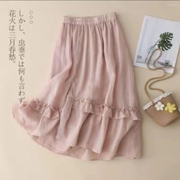Skirts Elegant Fashionn Cotton Linen Ramie Skirt Elastic Waist Double Layer Long Women Spring Summer Thin Ruffle