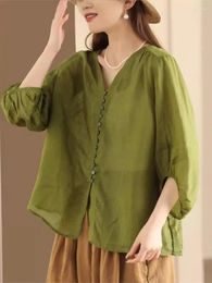 Women's Blouses Summer Thin Style Ramie Shirt Women Retro Casual V-Neck Three Quarter Sleeve Loose Tops 2024 Blouse