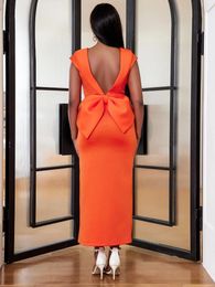 Casual Dresses Fashion Women's Wedding Orange Dress Sexy Backless Big Bow Long Split Sheath Elegant African Gowns Celebrate Robes Vestido