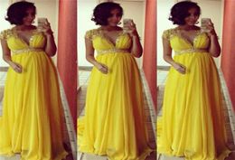 Yellow Beaded Maternity Evening Dresses For Pregnant Women Formal Party Prom Gowns Empire Beads Crystal Red Carpet Dress2670824