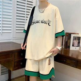 Men's T-Shirts Waffle cake set for mens summer sports casual loose and trendy paired with a handsome short sleeved t-shirt two-piece setL2405