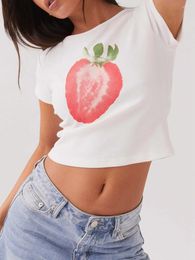 Women's T Shirts Women Crop Tops Strawberry Print Short Sleeve Round Neck Casual T-Shirts Summer Slim Fit Streetwear