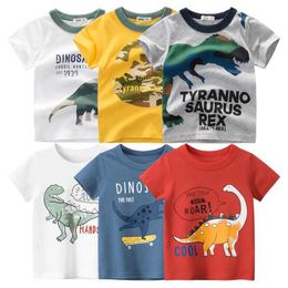 T-shirts 2024 Summer Boys T-shirt Cotton Dinosaur Short sleeved Boys Casual Cartoon Top Class Childrens Clothing for ages 2 to 10L2405