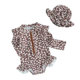 ワンピース小さな女の赤ちゃん水着1ピースラッシュガード長袖ジッパーフリルバススーツ幼児夏の服H240508