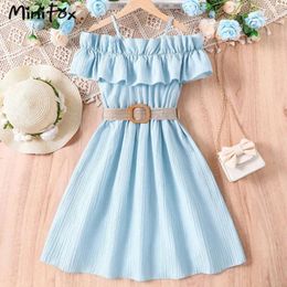 Girl Dresses MiniFox Teenager For Girls Off Shoulder Dress Belted Blue Green Summer Party Children Kids Clothes