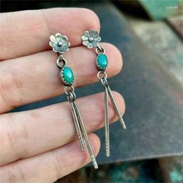 Dangle Earrings Vintage Oval Inlaid Green And Blue Stone Ethnic Silver Color Metal Carving Flower Hanging Long Women NIA6